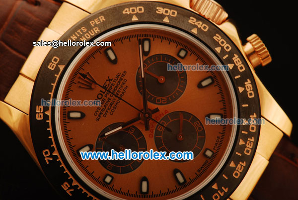 Rolex Daytona Chronograph Swiss Valjoux 7750 Automatic Rose Gold Case and Rose Gold Dial with PVD Bezel-Brown Leather Strap - Click Image to Close